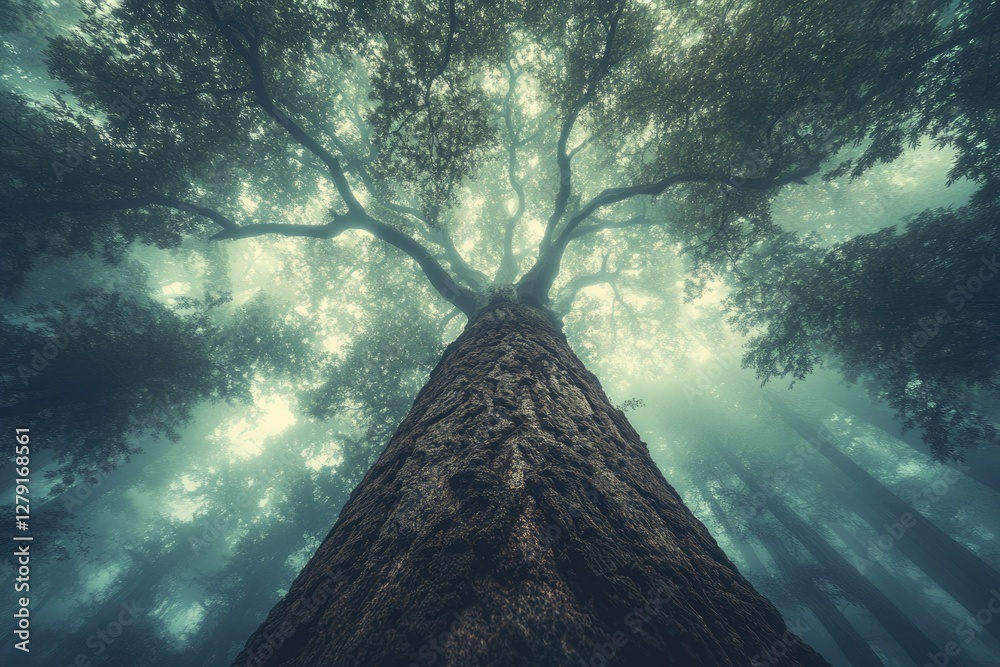 Leinwandbilder enormous tree trunk dominates a misty, ethereal forest scene, creating a mystical atmosphere.