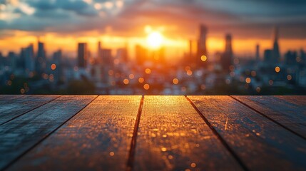 Sunset over a city skyline viewed from a wooden deck, with blurred urban background and warm hues