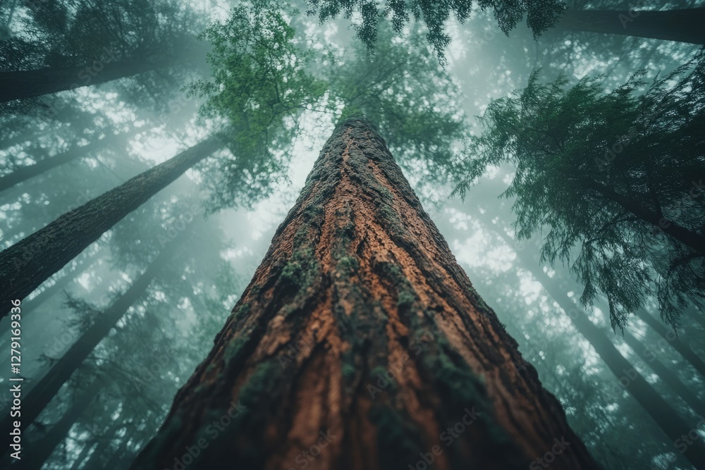 Poster looking up at a majestic tree trunk in a misty forest, surrounded by tall trees.