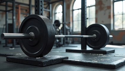 Deadlift platform with loaded barbell in grunge style gym. Chalk marks floor. Serious strength, power and heavy iron plates. Bodybuilding equipment for weight lifting training workout.