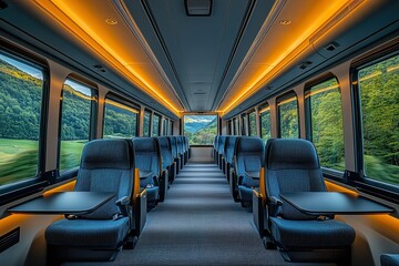 Fototapeta premium Luxury bus interior view of comfortable seats and countryside outside the windows creating a relaxing travel atmosphere