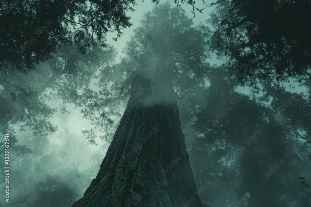 Poster enormous tree trunk dominates a misty, dark forest scene, viewed from below.