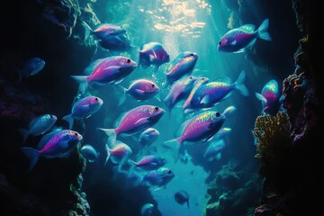 Fototapeta premium A school of iridescent fish swim in a vibrant underwater scene, illuminated by a sunbeam.