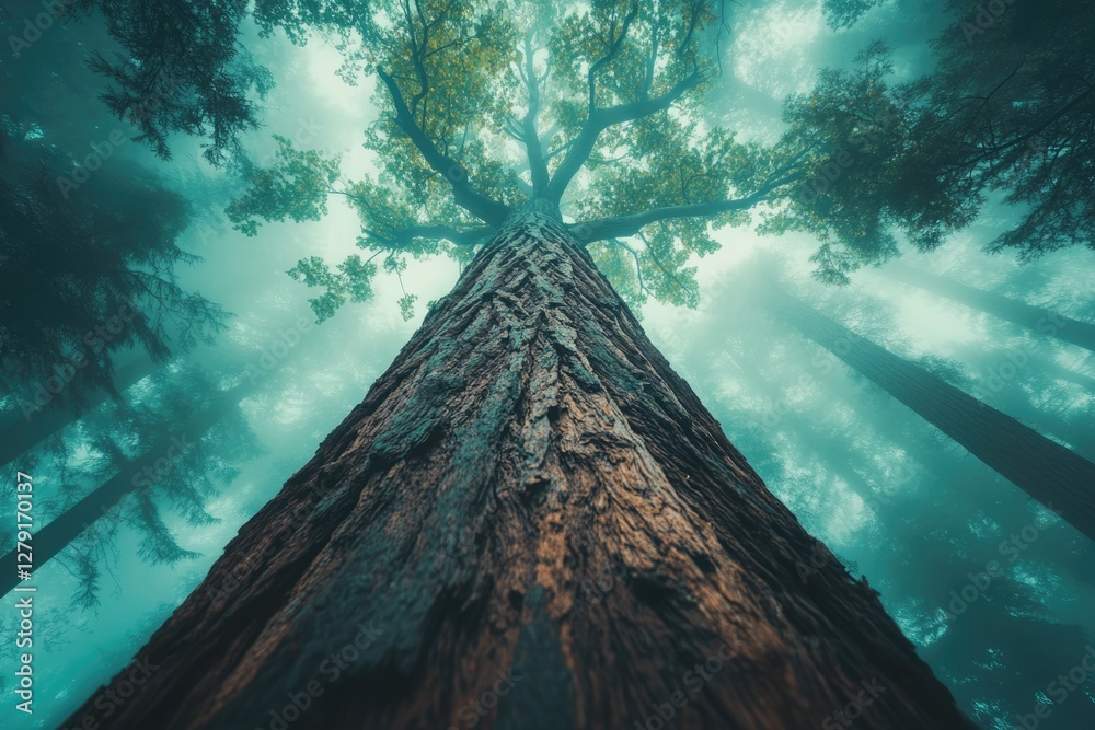 Poster enormous tree trunk viewed from below in a misty, mysterious forest, surrounded by tall trees.