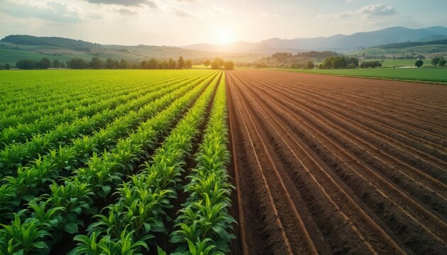 Aerial view splitscreen of thriving biodiverse regenerative field beside barren monoculture. Image rich soil, green crops, flourishing ecosystem with sunset. Mountains, trees, meadows on background.