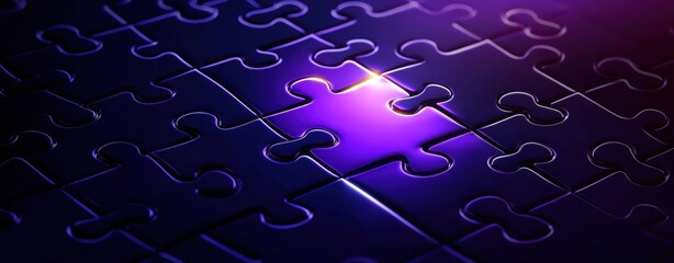 A close-up of an abstract puzzle piece on a dark background, illuminated with purple light, creating a mysterious and intriguing atmosphere.