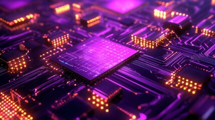 Obraz premium Quantum Computing Algorithms Vibrant purple circuit board with glowing components and intricate patterns.