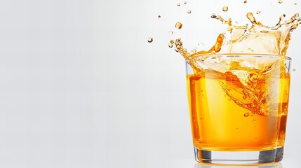 Orange juice splashing into a glass. Refreshing and vibrant, perfect for a summer day.