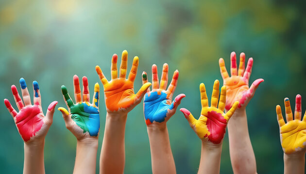 Diverse hands painted vibrant colors raised upwards. Unity, creativity, cooperation, joy. Perfect for campaigns promoting social causes, volunteering, charity events, community engagement, childhood