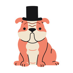 Obraz premium Cute and funny dog, English or British Bulldog wearing a top hat. Trendy modern vector illustration isolated on white background, hand drawn, flat design
