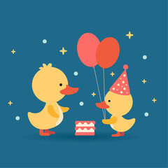 Two little ducks birthday party with the cake and baloons kid drawing style flat illustration