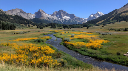 River valley, mountain range, wildflowers, sunny day, scenic landscape