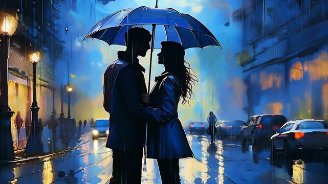 Silhouette of a loving couple sharing a romantic moment under an umbrella, sheltered from the rain in a bustling city. Their shadows reveal deep affection amidst the urban backdrop.