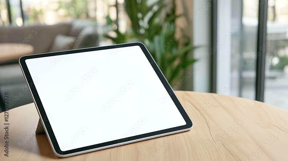 Aufkleber a tablet displaying a white screen on a wooden cafe table, ideal for showcasing technology or design