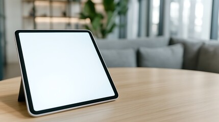 A tablet displaying a blank white screen on a wooden café table.
