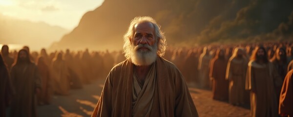 Moses leads large group people across desert plain. Biblical Old Testament scene. Spiritual journey. Religious leader leads way, light illuminates crowd. Encounter historical moment, revelation