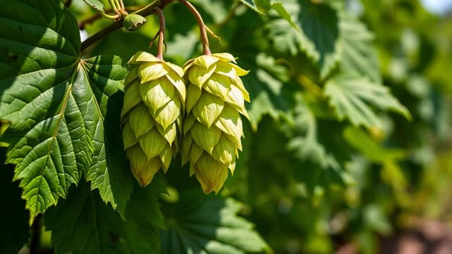 Close-Up of Two Green Hops Cones on a Vine