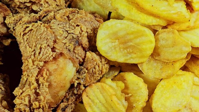 Broasted chicken meal with fried potato chips, a broast chicken pieces, Broasting is a special cooking process that combines pressure frying and traditional shallow frying to produce juicy chicken