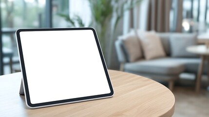 Empty white screen tablet on wooden café table, ideal for showcasing tech products.