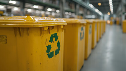 Recycling bins lined up in a modern facility during daylight hours for waste management and environmental sustainability. Generative AI
