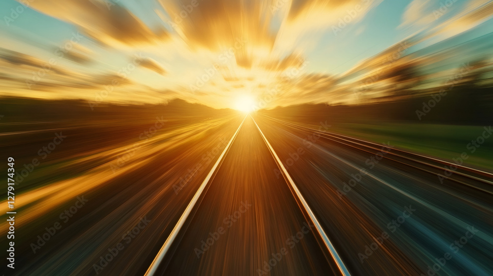Aufkleber Fast train racing along the railway at sunset, capturing the vibrant colors of the sky while creating a dynamic motion blur effect