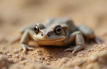 Fototapeta premium Close-up shows Desert Rain Frog camouflaged in sand. Tiny nocturnal amphibian hides blending. Sandy terrain, arid environment adaptation. Rare wildlife species, survival skills, small cute animal