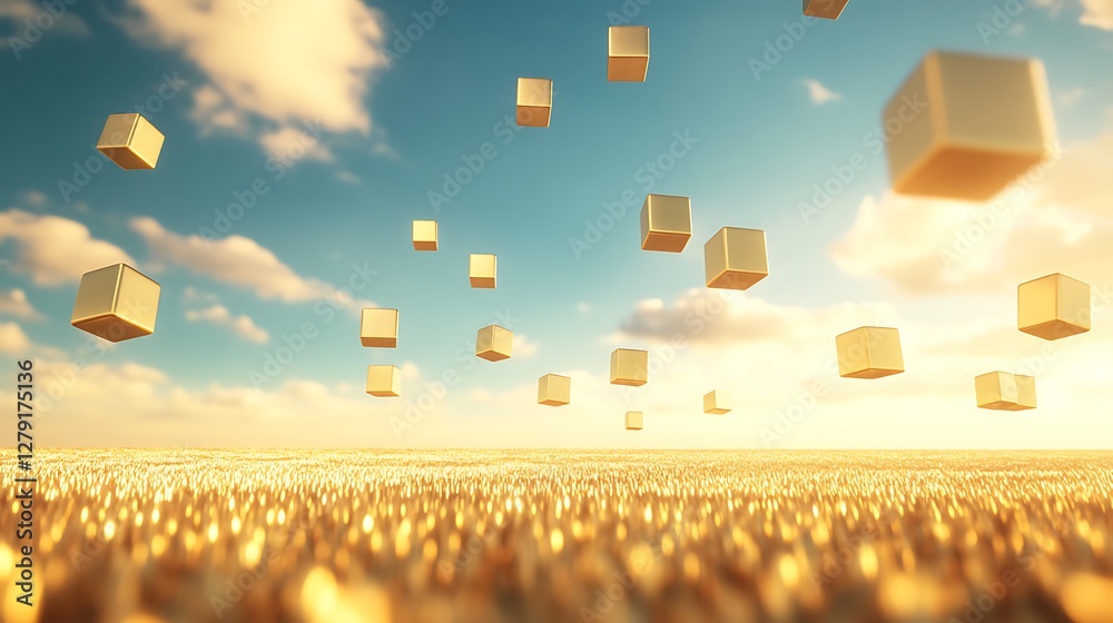 Poster a surreal image depicting an endless horizon filled with floating golden cubes in a dreamlike settin