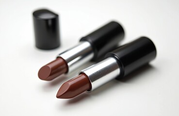 Obraz premium Two chocolate brown lipsticks in silver black tubes. Modern elegant glamour style cosmetic product, smooth texture, rich colors tone. Make-up brand presentation, fashion accessory.