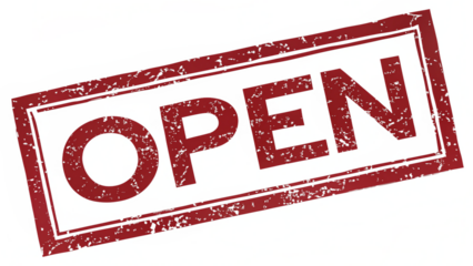 Red grunge rubber stamp with the text ''OPEN"', isolated, transparent background, AI