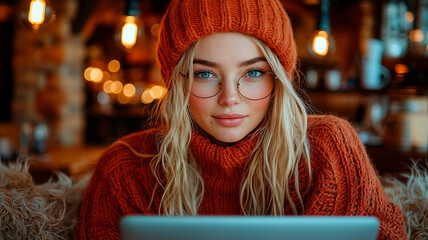 Focused freelancer working in rustic café with laptop