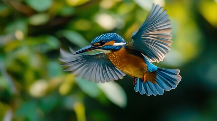 Fototapeta premium Common Kingfisher in flight, vibrant blue and orange plumage, wings spread.