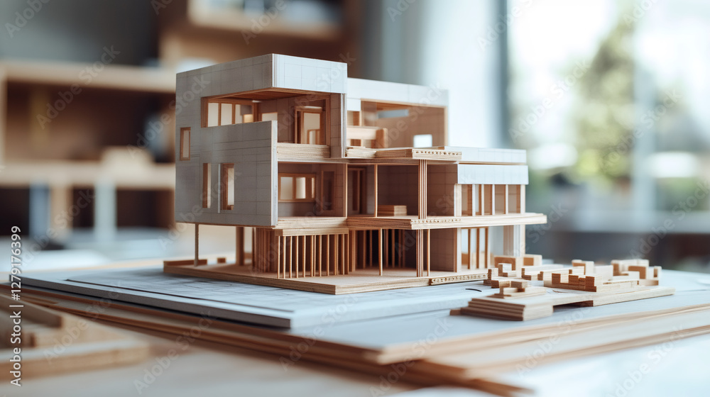 Poster architectural model of a modern house resting on blueprints in an office, showcasing design and cons