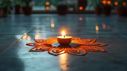 Glowing candle on intricate rangoli design illuminating a serene evening ambiance - Powered by Adobe