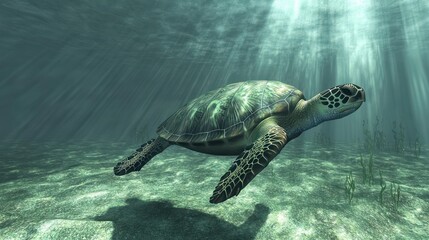 Obraz premium Green Sea Turtle Swimming Underwater Sunlight Rays