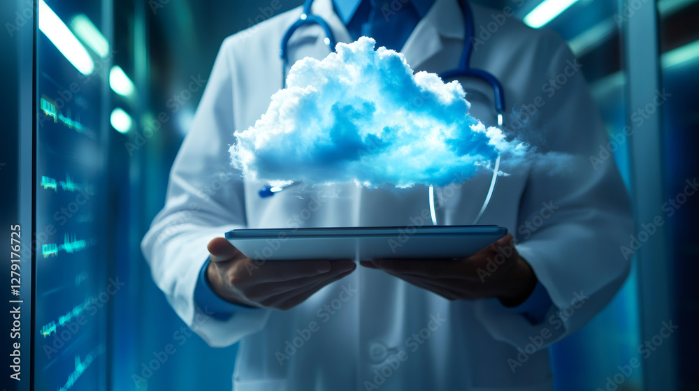 Poster doctor holding tablet with cloud storage floating above, accessing medical records in a server room,