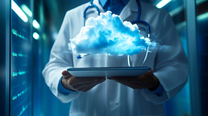 Doctor holding tablet with cloud storage floating above, accessing medical records in a server room, showcasing cloud computing in healthcare