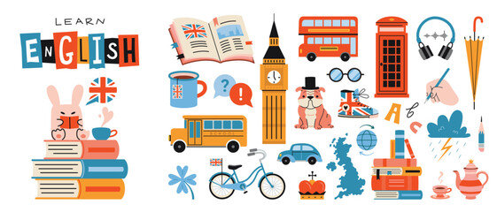 Learning English Set with books and Iconic British culture symbols. Traditional objects and landmarks. Trendy modern vector illustration isolated on white, hand drawn, flat design