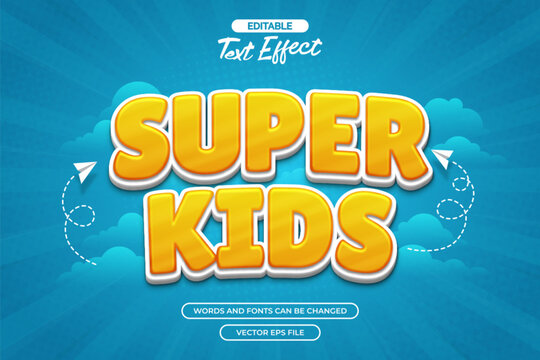 Super kids editable text effect with cloud decoration and blue background