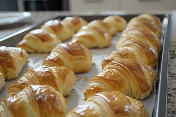 Freshly baked croissants on wooden table. Neural network AI generated