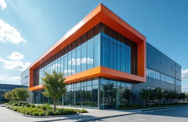 Modern commercial office building with glass facade, bright orange accents under clear blue sky, reflects clouds. Contemporary architecture of corporate offices demonstrates successful business