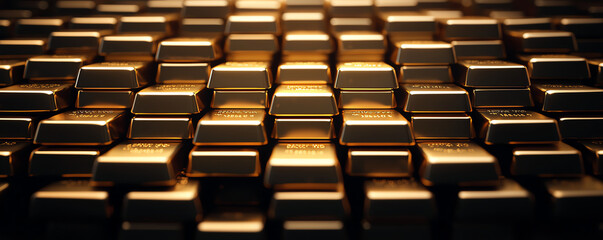 Obraz premium Golden bars stacked closely together create luxurious and opulent scene, reflecting light beautifully. arrangement showcases richness and value of gold in stunning display