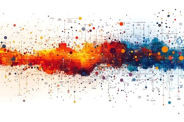 Abstract data flow visualization; red and blue nodes connected by lines on white.