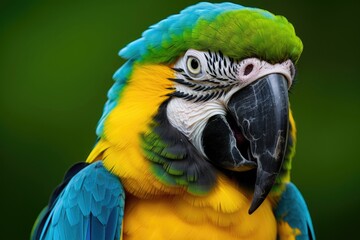 Blue and yellow macaw parrot head close up portrait on dark green background. Exotic tropical bird with bright feathers and curved black beak. Wildlife and nature concept