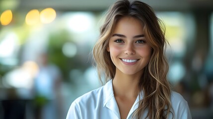 Obraz premium Smiling Young Woman Natural Beauty Bright Soft Lighting Casual Setting | AI Generated