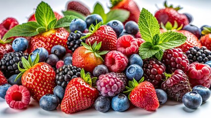 Obraz premium Fresh Berries Group, White Background, Food Photography, High Resolution, Gourmet, Close Up