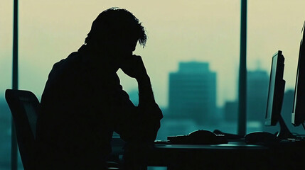 A silhouette of a person thinking at a computer desk