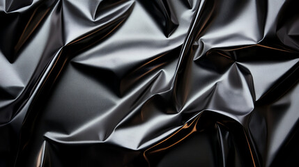 Shiny black crumpled foil texture with deep folds and reflections, creating dramatic and modern appearance. Perfect for backgrounds or artistic projects