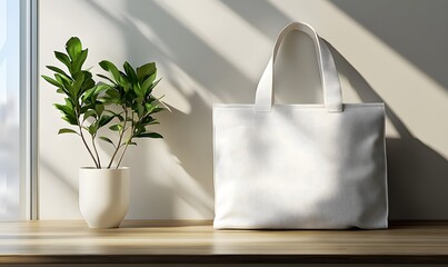 Eco-Friendly Style: A minimalist composition showcasing a blank tote bag alongside a potted plant, inviting design possibilities and promoting sustainability.
