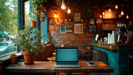 Fototapeta premium Minimalist home office setup with warm light and plants