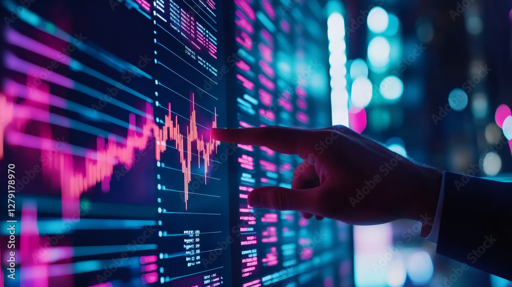 Poster financial analyst pointing at digital screen with market graphs, analyzing data in sleek, illuminate